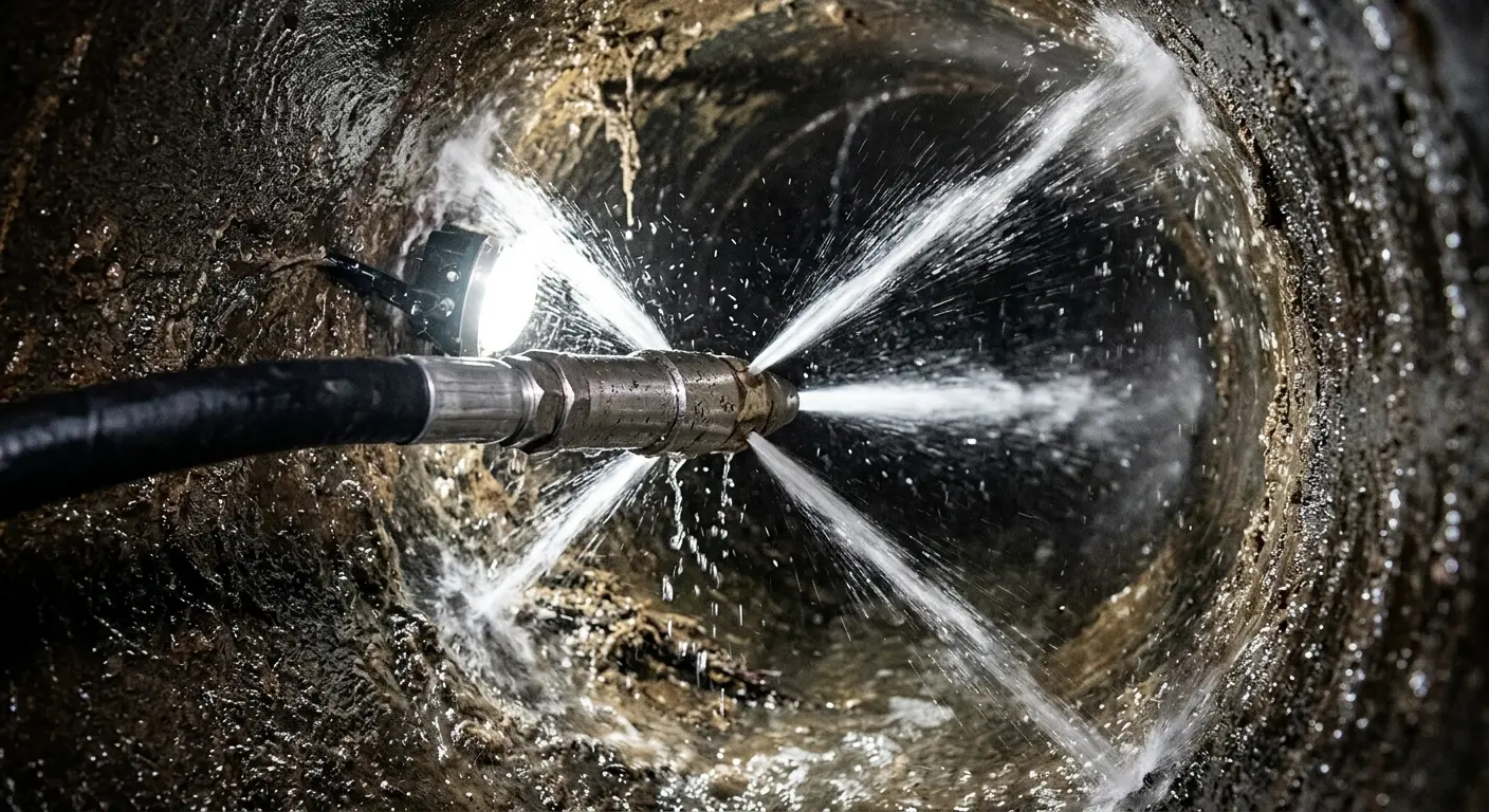 High-pressure hydro jetting nozzle cleaning sewer pipe for Storm Drain Cleaning in Towson