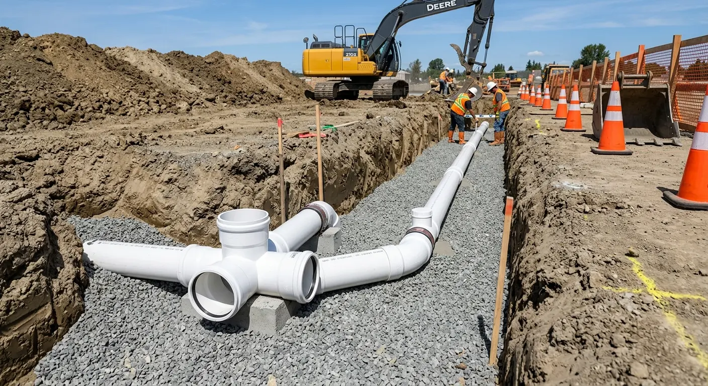 New PVC sewer pipe installation in open trench for Sewer Backup in Towson
