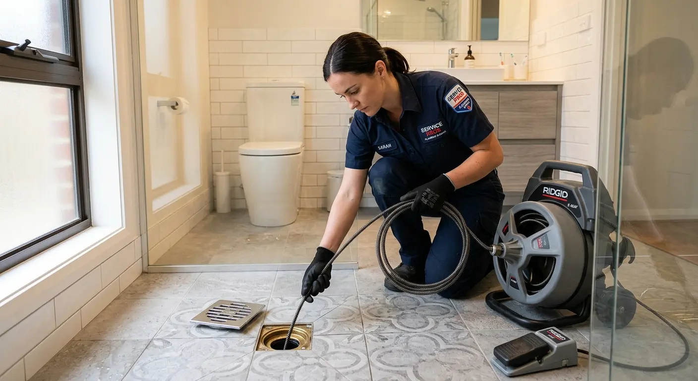 Technician clearing a bathroom floor drain for Drain Cleaning in Towson